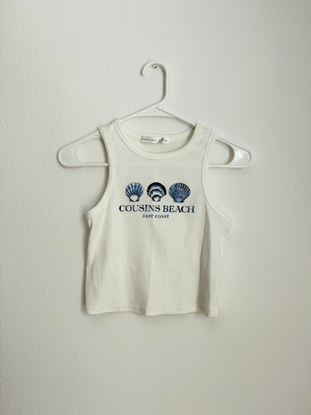 Altar’d State Graphic White Tank Top With Blue Shell Design
